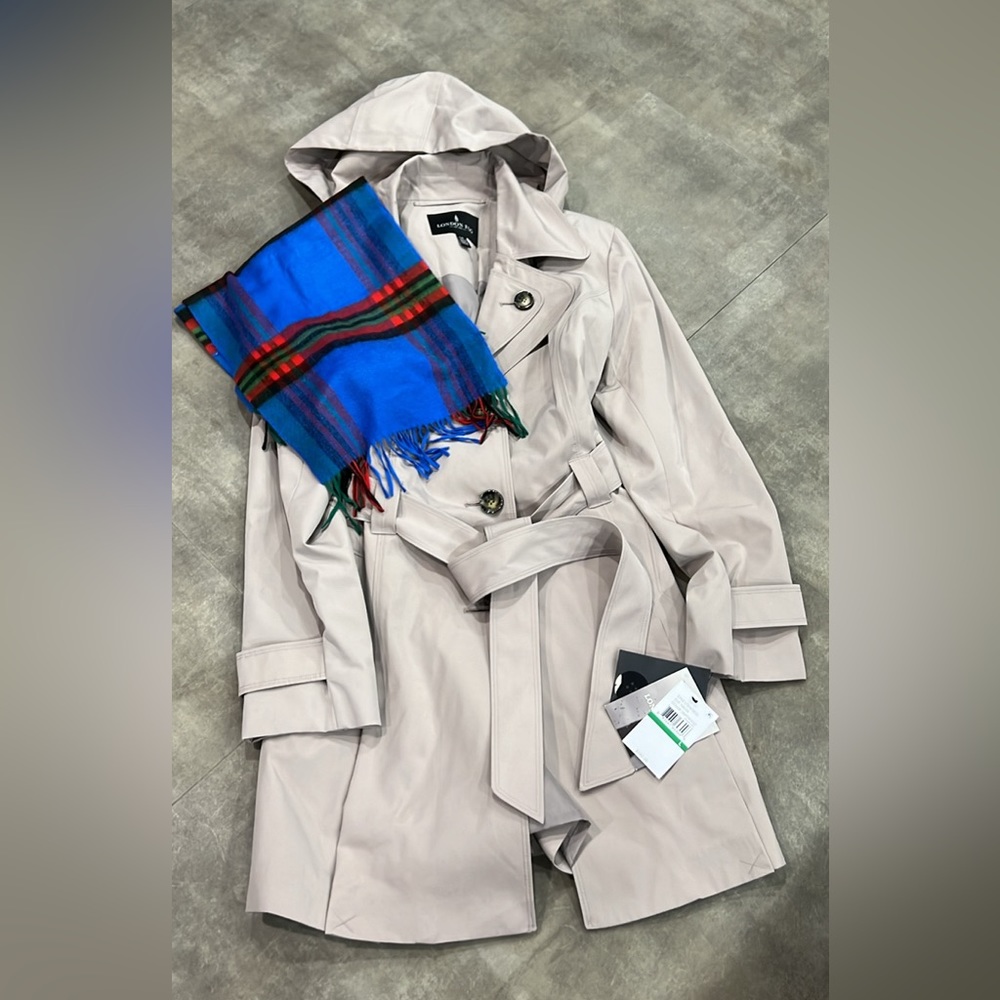 Trench coat size large- 34” measurement from shoulder; 18.5” from belt line
